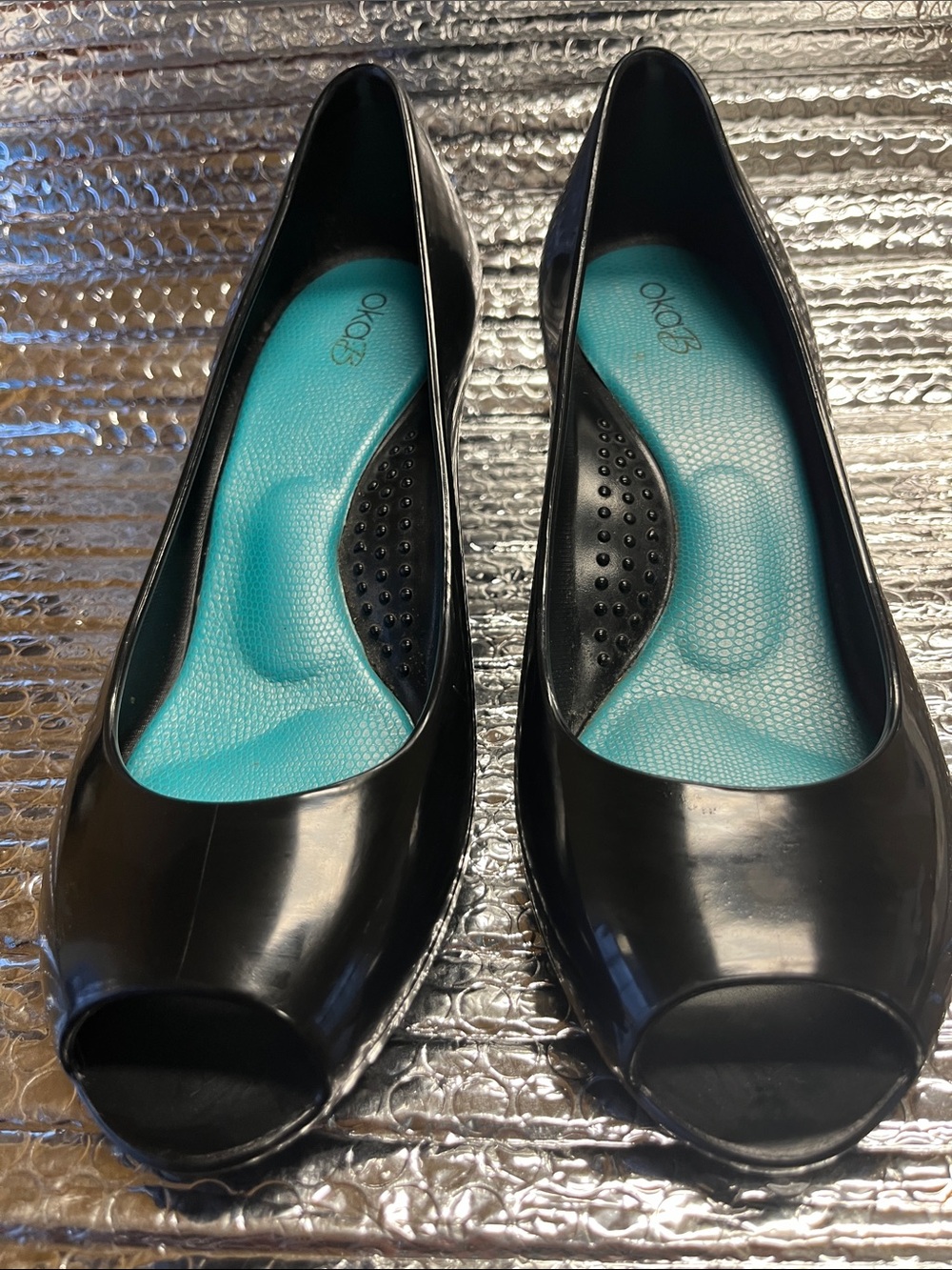 OKA b. Black Peep-Toe Flats with Turquoise Insole